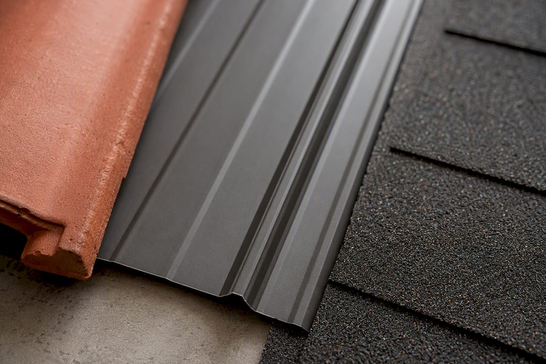 Close-up of shingle, tile, and metal roofing materials