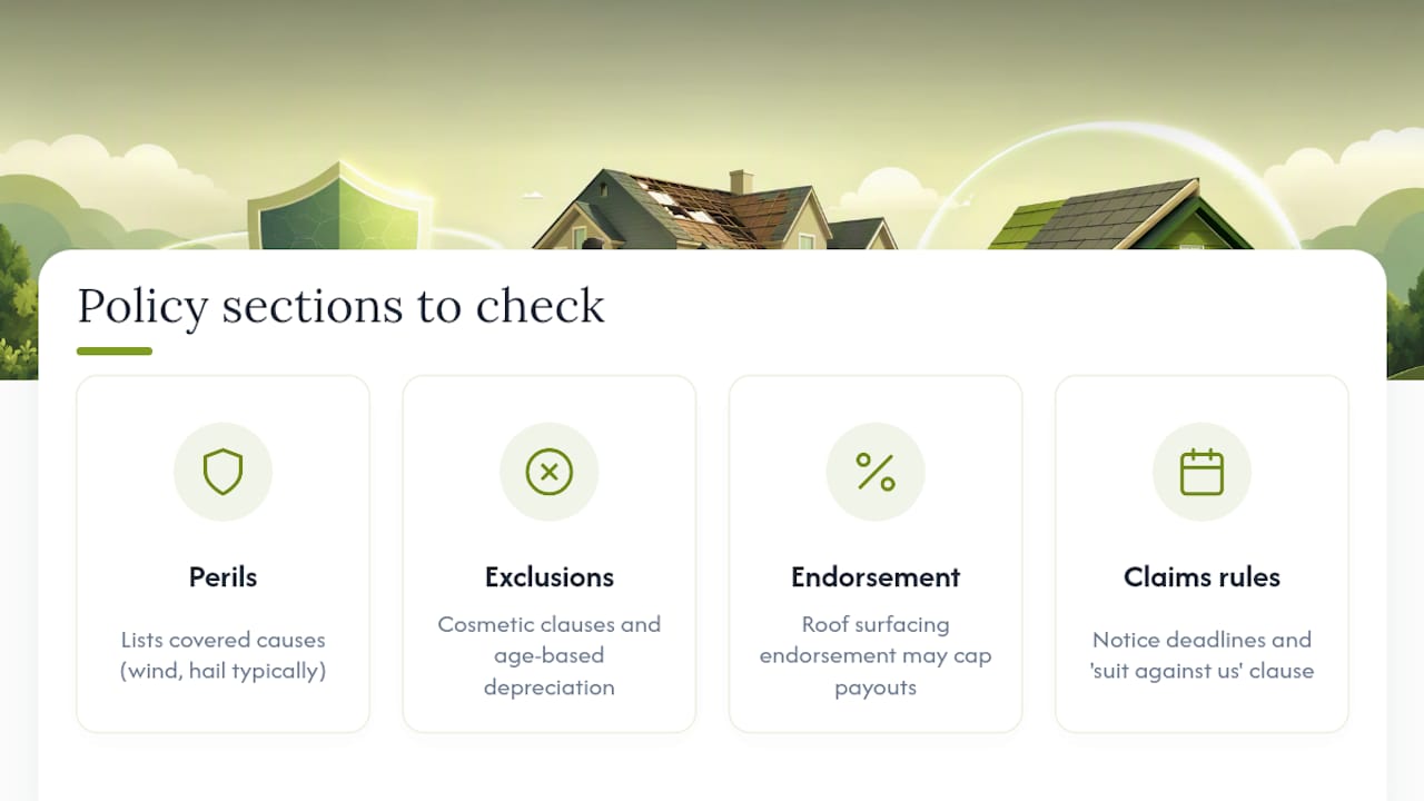 Diagram summarizing roof insurance policy key sections