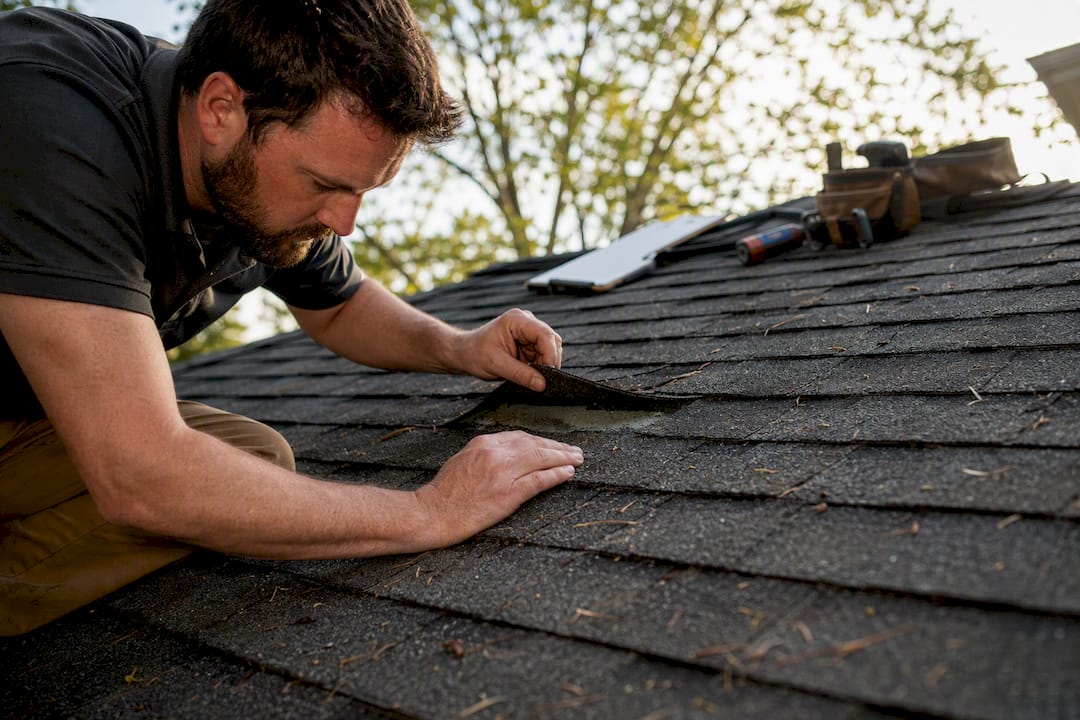 Inspector lifting roof shingle for inspection