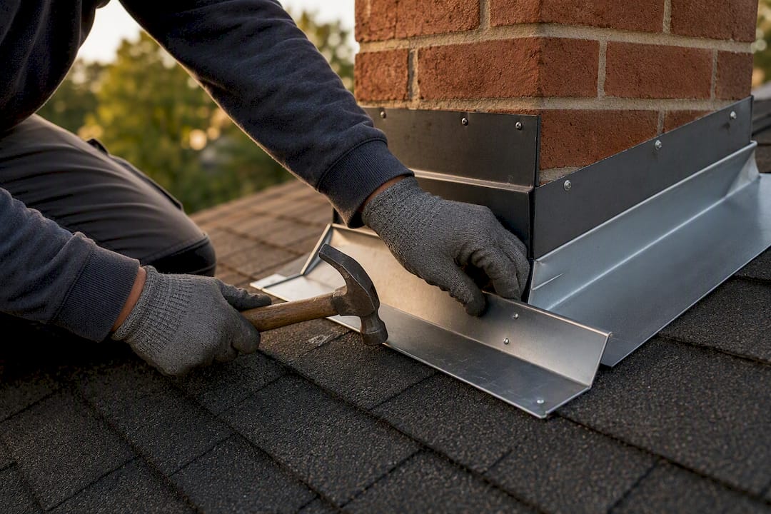 Roofer hands installing roof flashing
