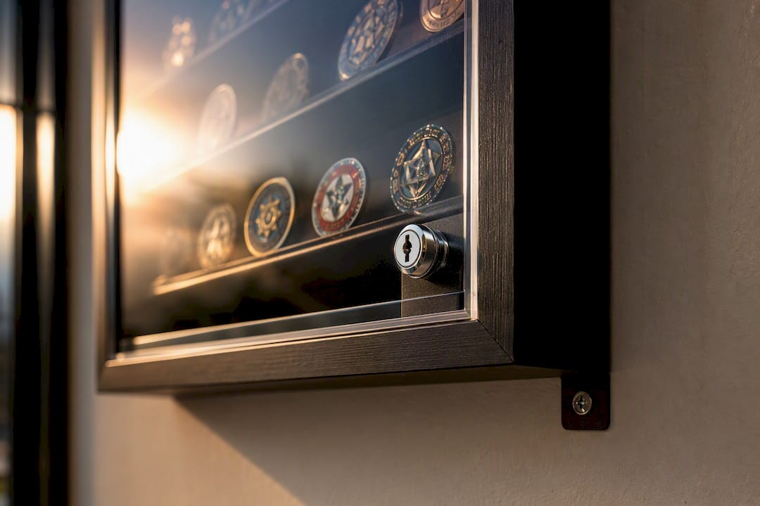 Locked acrylic case protecting displayed challenge coins