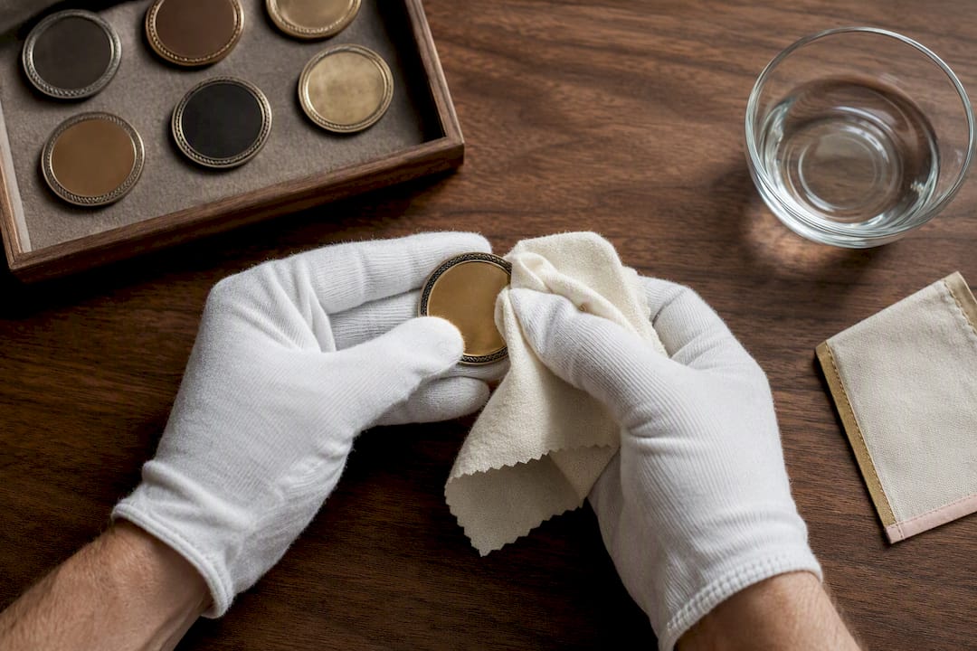 Gloved hands gently cleaning challenge coins