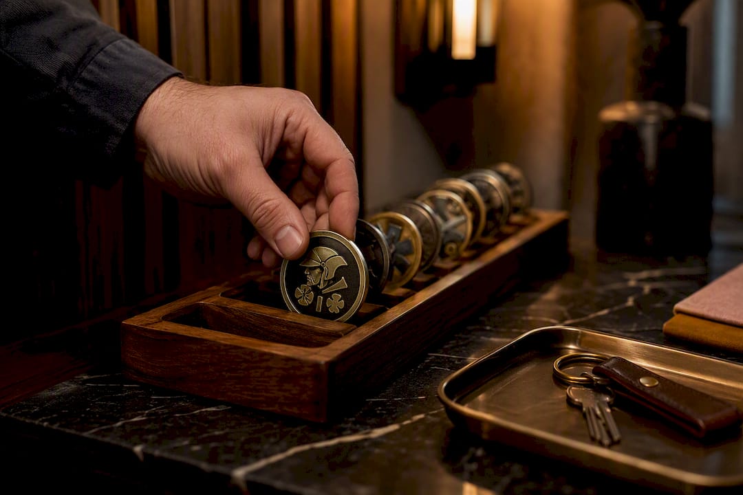 Challenge coins arranged in display tray