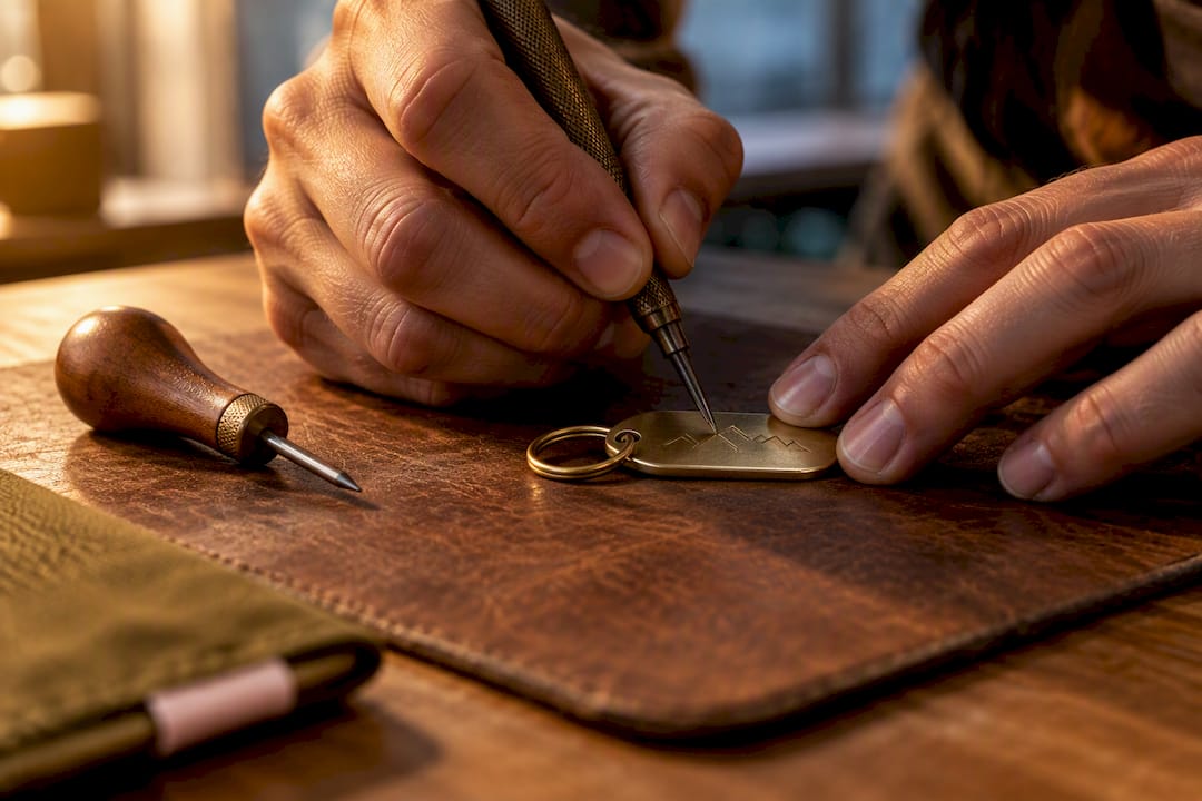 Hands engraving a personalized metal keychain