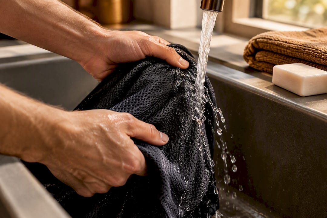 Hands rinsing athletic liner fabric