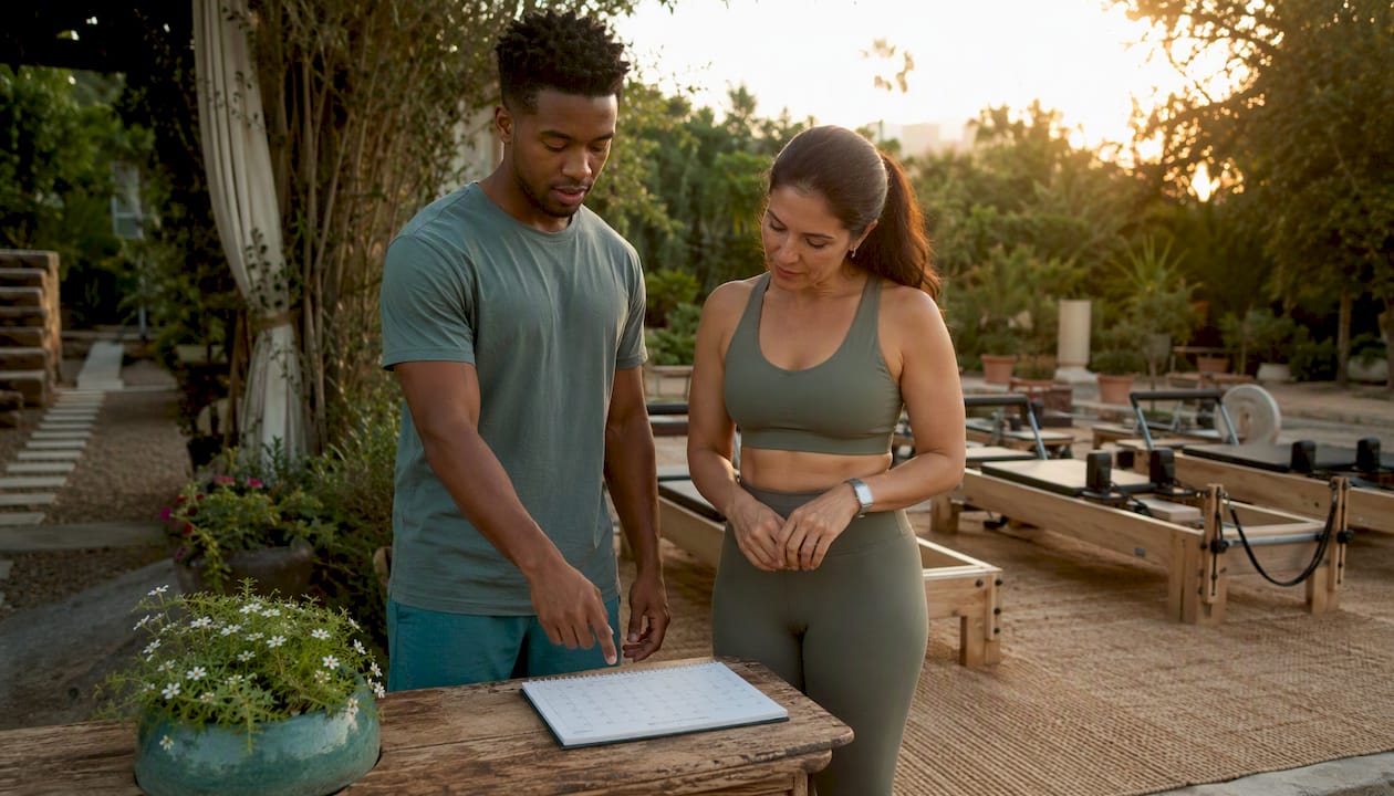 Pilates instructor pointing to class schedule in the studio