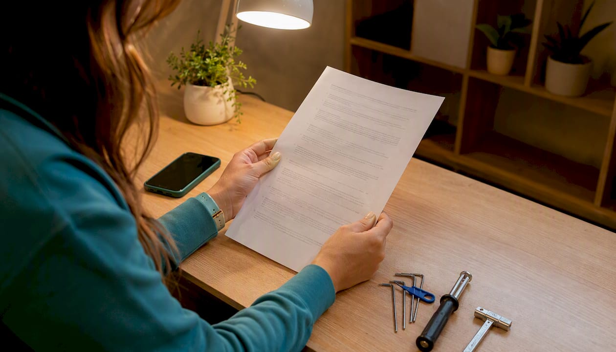 Personas revisando papeles y utilizando herramientas de trabajo