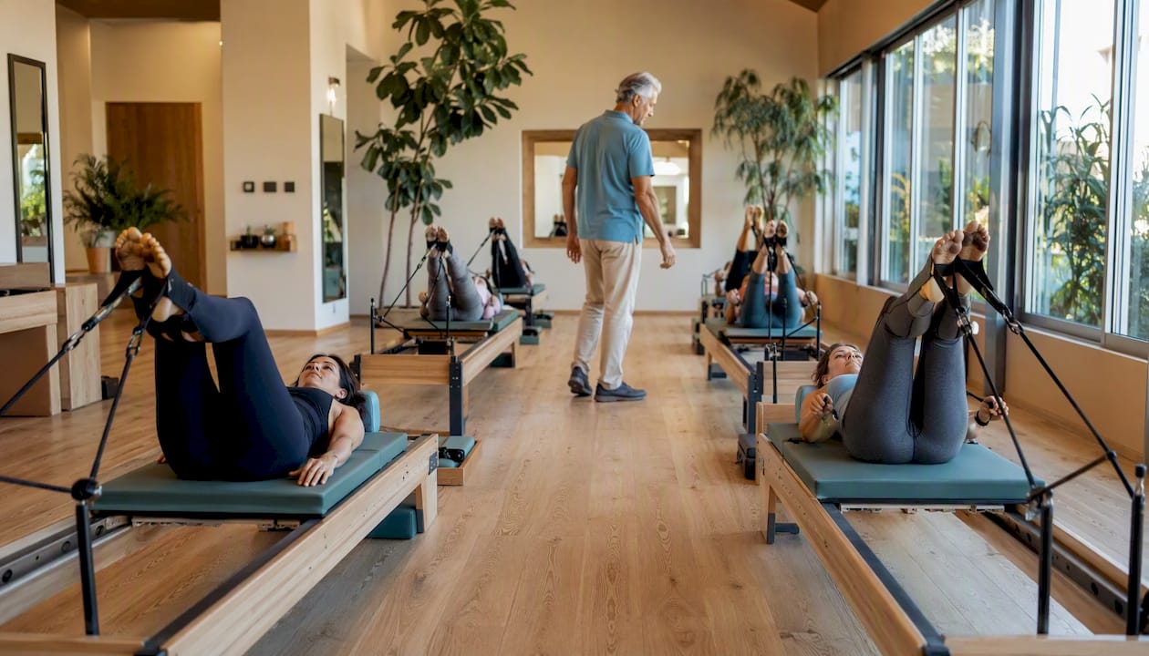 Espacio de Pilates equipado con reformers distribuidos estratégicamente para tu comodidad