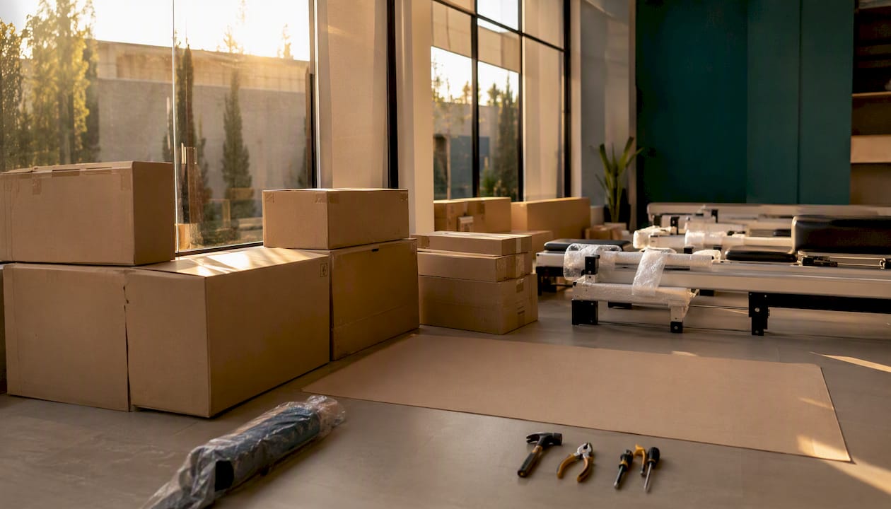 Las cajas con reformers ya están listas y esperando en el estudio de pilates.