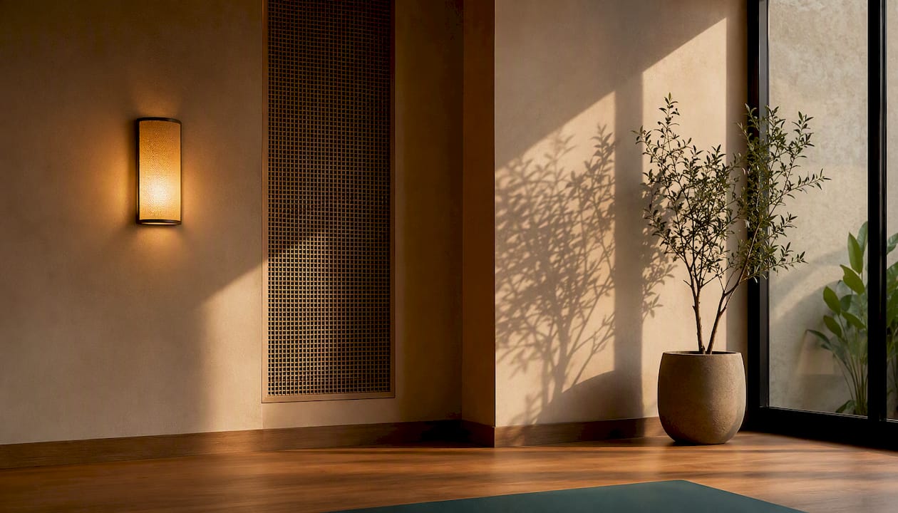 Interior de un estudio de pilates con iluminación cálida y una ventilación cuidadosamente diseñada.