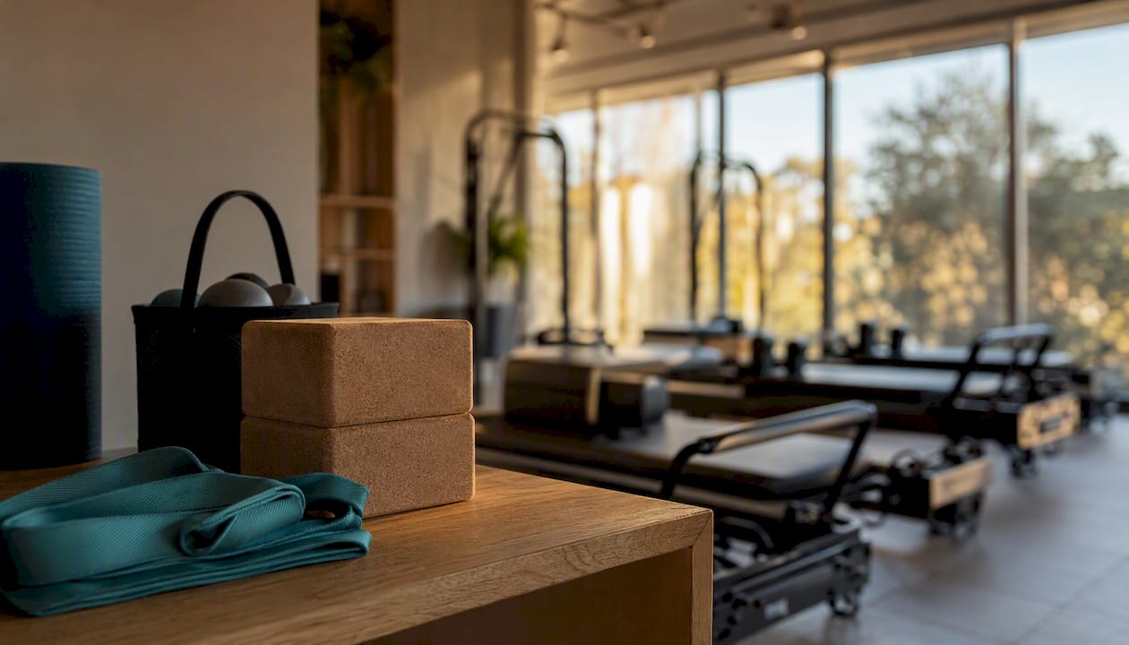Espacio interior de un estudio de pilates equipado con máquinas reformer y todo tipo de accesorios.