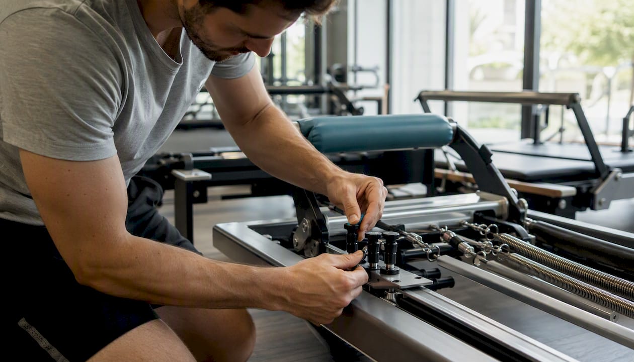 Hands adjusting reformer springs and knobs