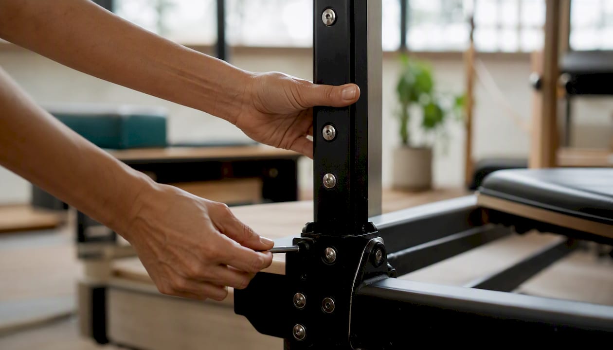 Hands adjusting a Pilates reformer tower