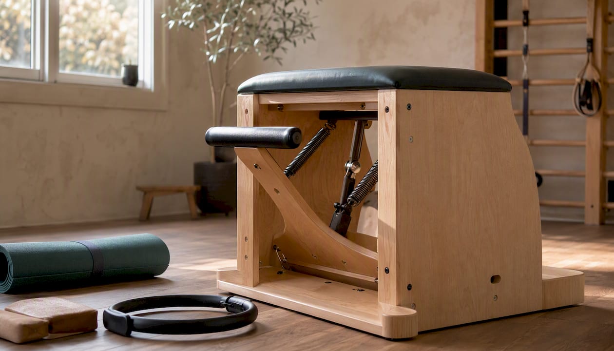La Wunda Chair está ubicada en una esquina del estudio de pilates.