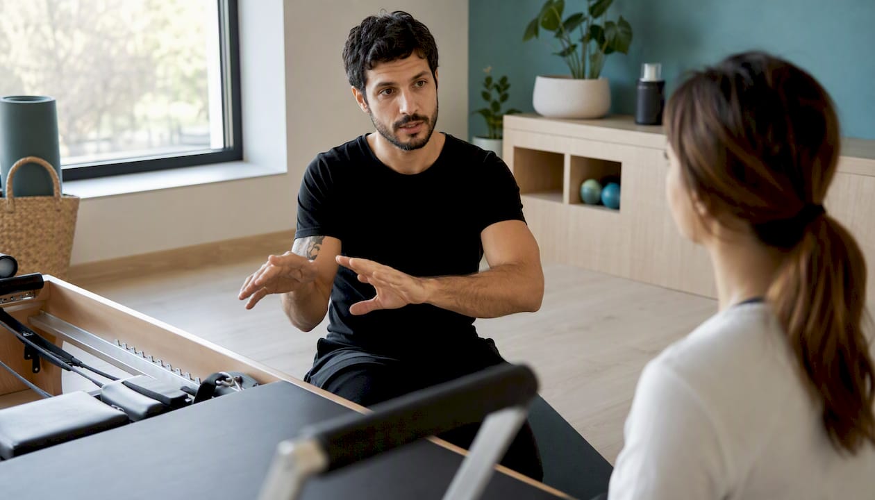 El instructor muestra cómo adaptar el ejercicio para diferentes niveles.