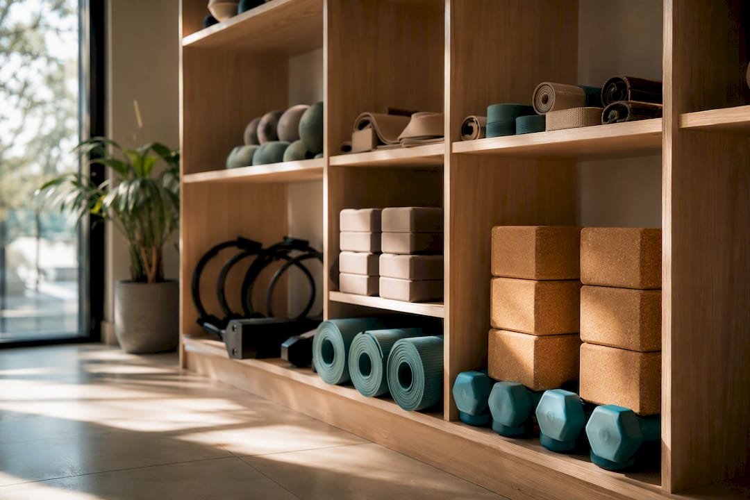 Exhibición de accesorios de Pilates en estanterías de madera