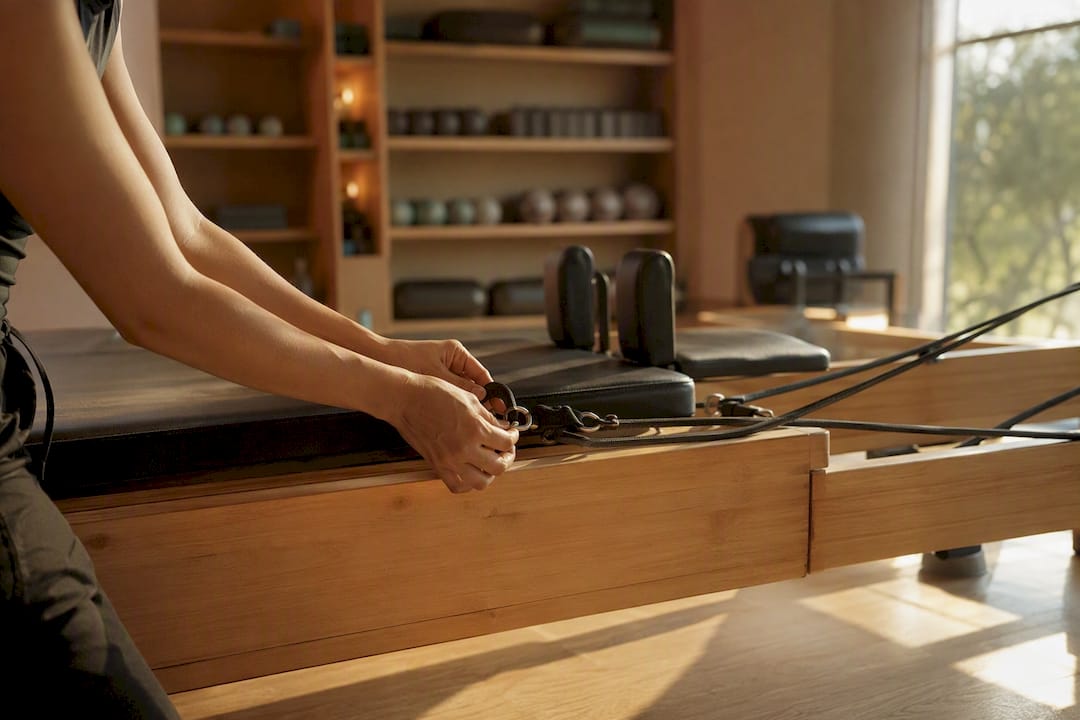 Hands adjusting reformer straps preparing class