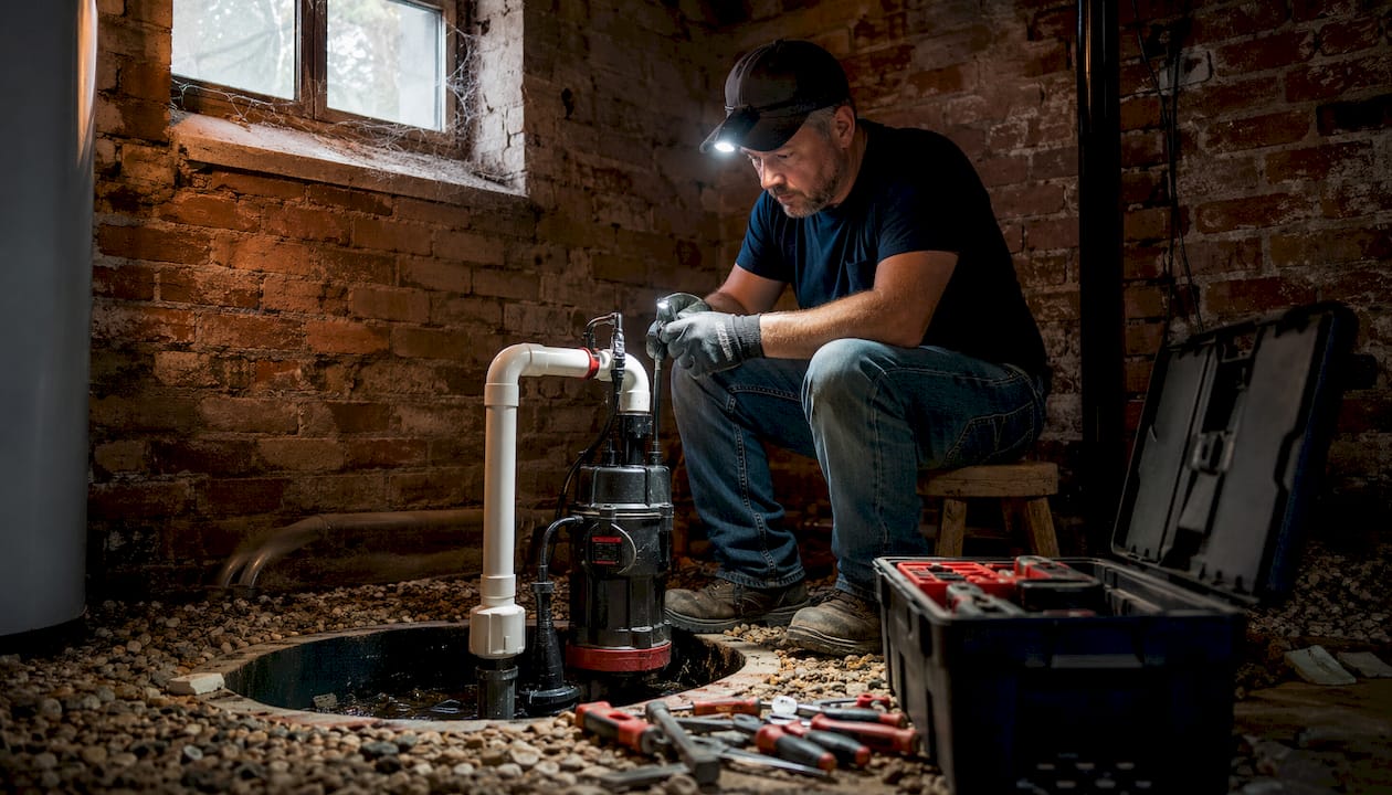 Homeowner inspecting basement sump pump unit
