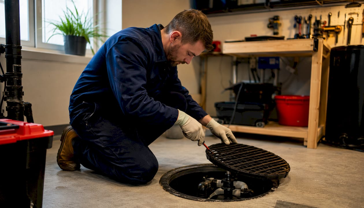 Hands cleaning sump pump impeller and pit