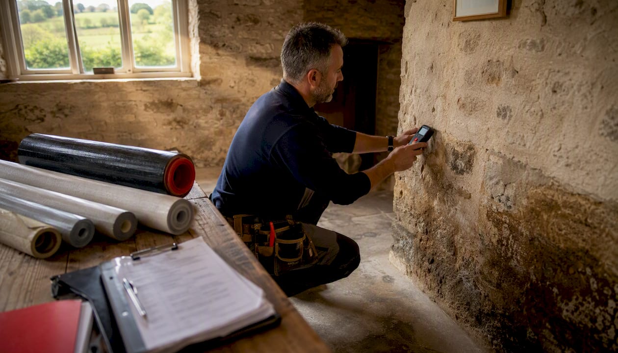 Surveyor examining basement wall for waterproofing