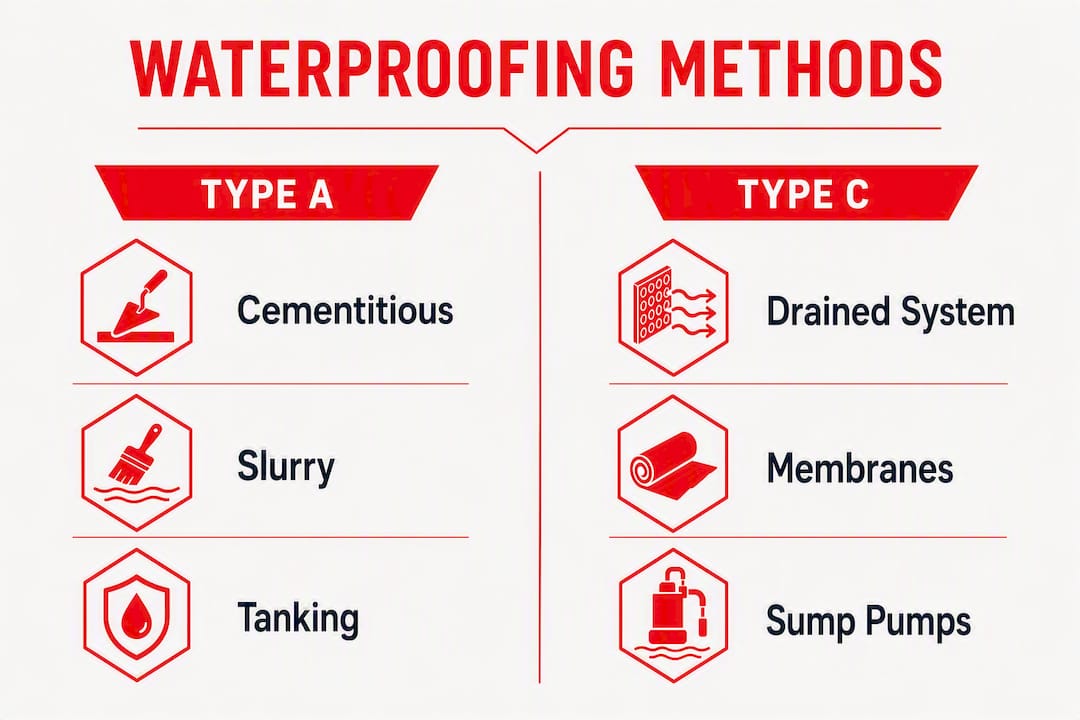 Infographic comparing basement waterproofing methods