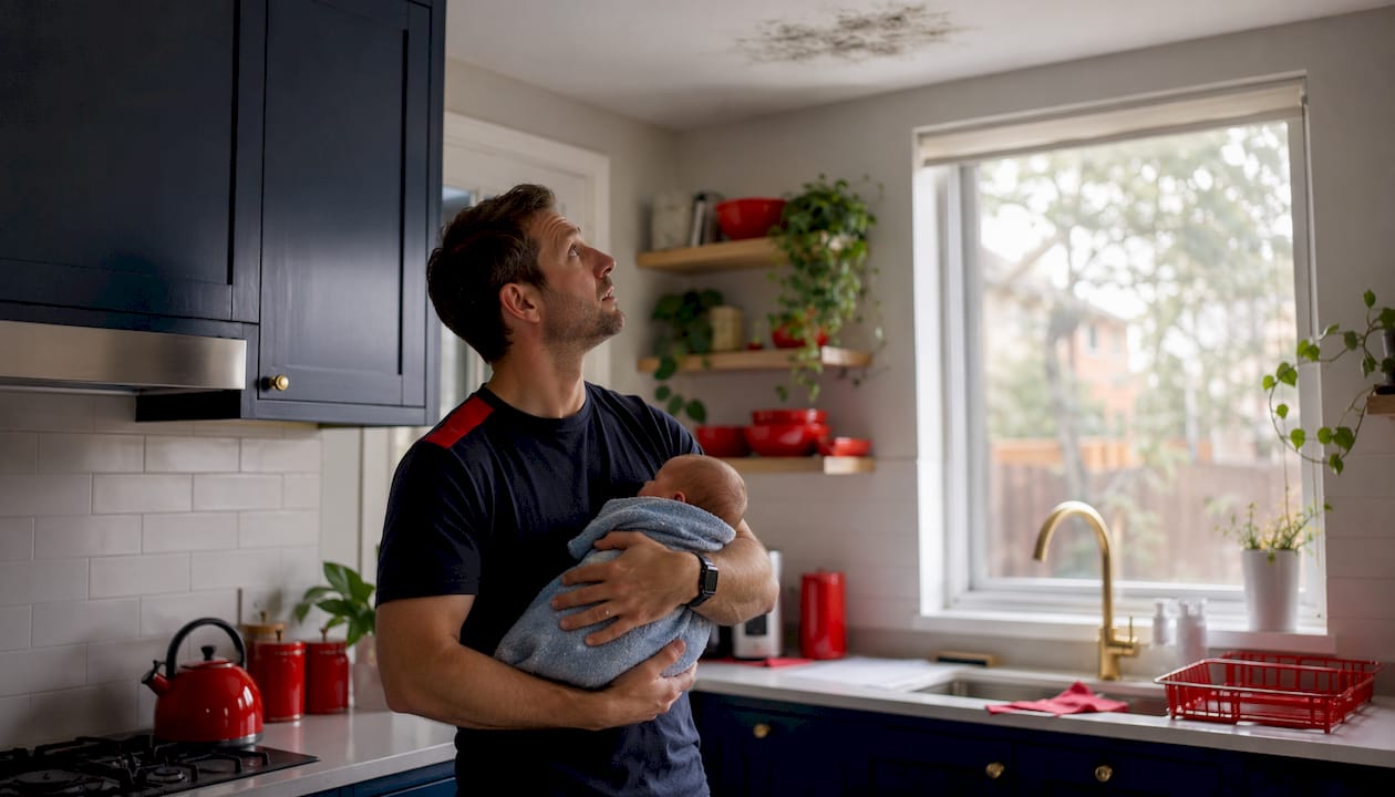 Father holding baby near mouldy window edge