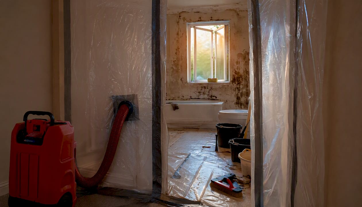 Mould containment setup with HEPA filtration in home hallway