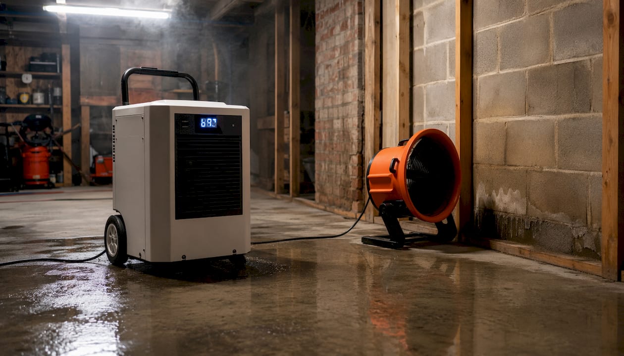 Commercial dehumidifier and air mover in damp utility room