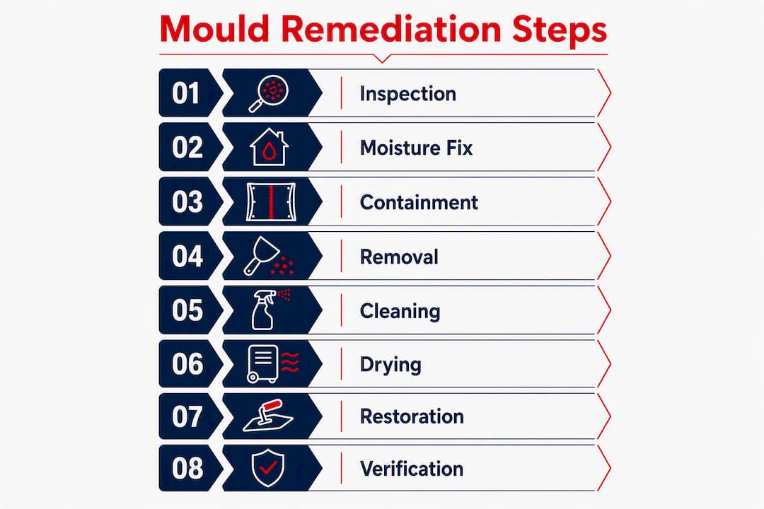 Infographic outlining eight key mould remediation steps