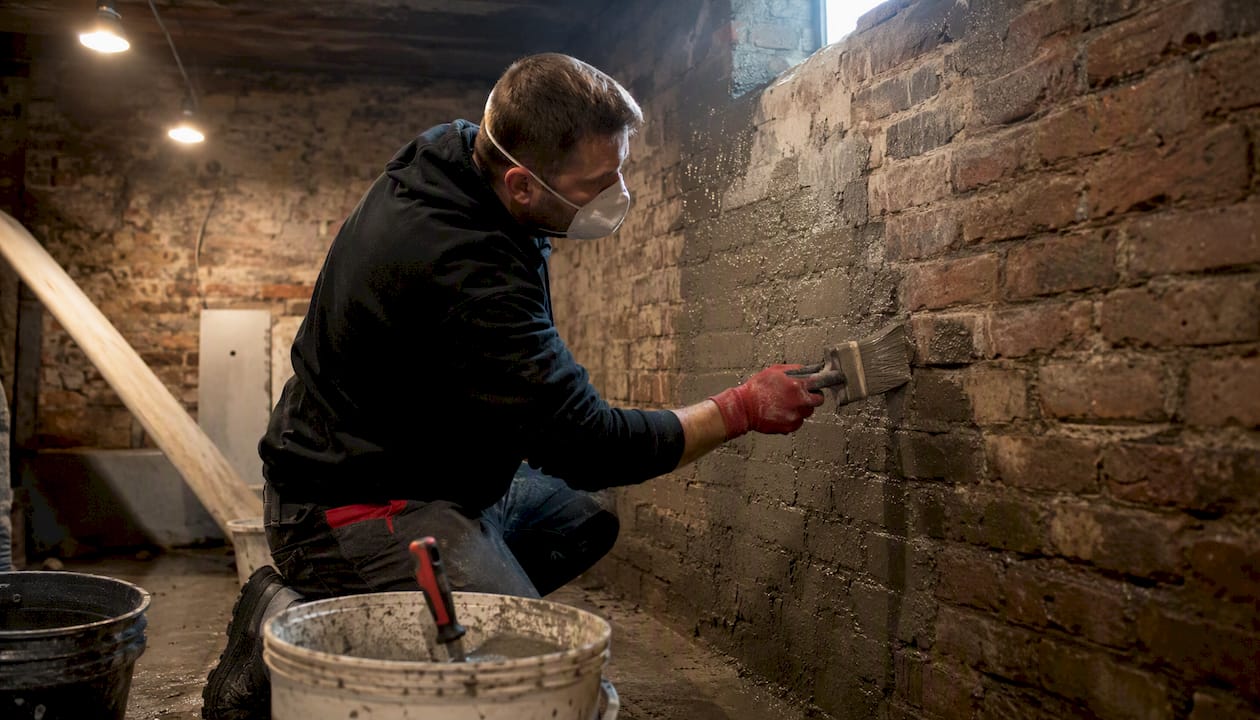 Tradesperson applying internal tanking slurry