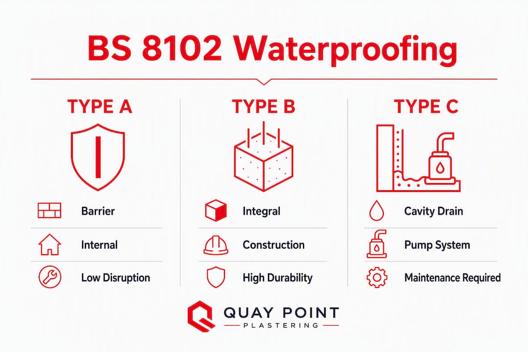 Infographic comparing BS 8102 waterproofing types