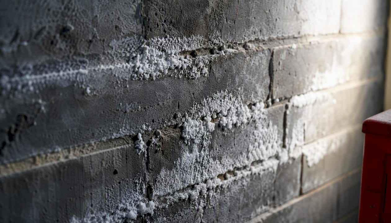 Close-up of white salt crystals on masonry wall