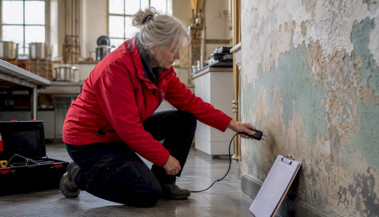 Technician testing moisture on damp heritage wall