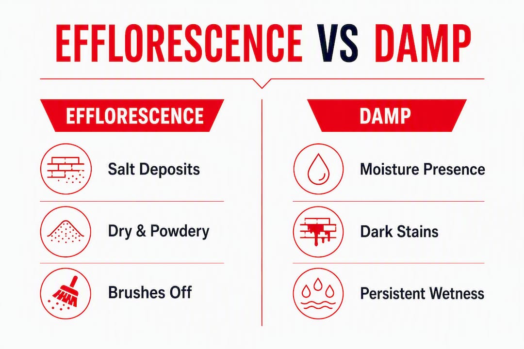 Infographic comparing efflorescence and damp features