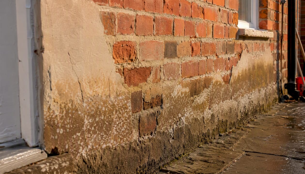 Close-up of damp tide mark on brick wall