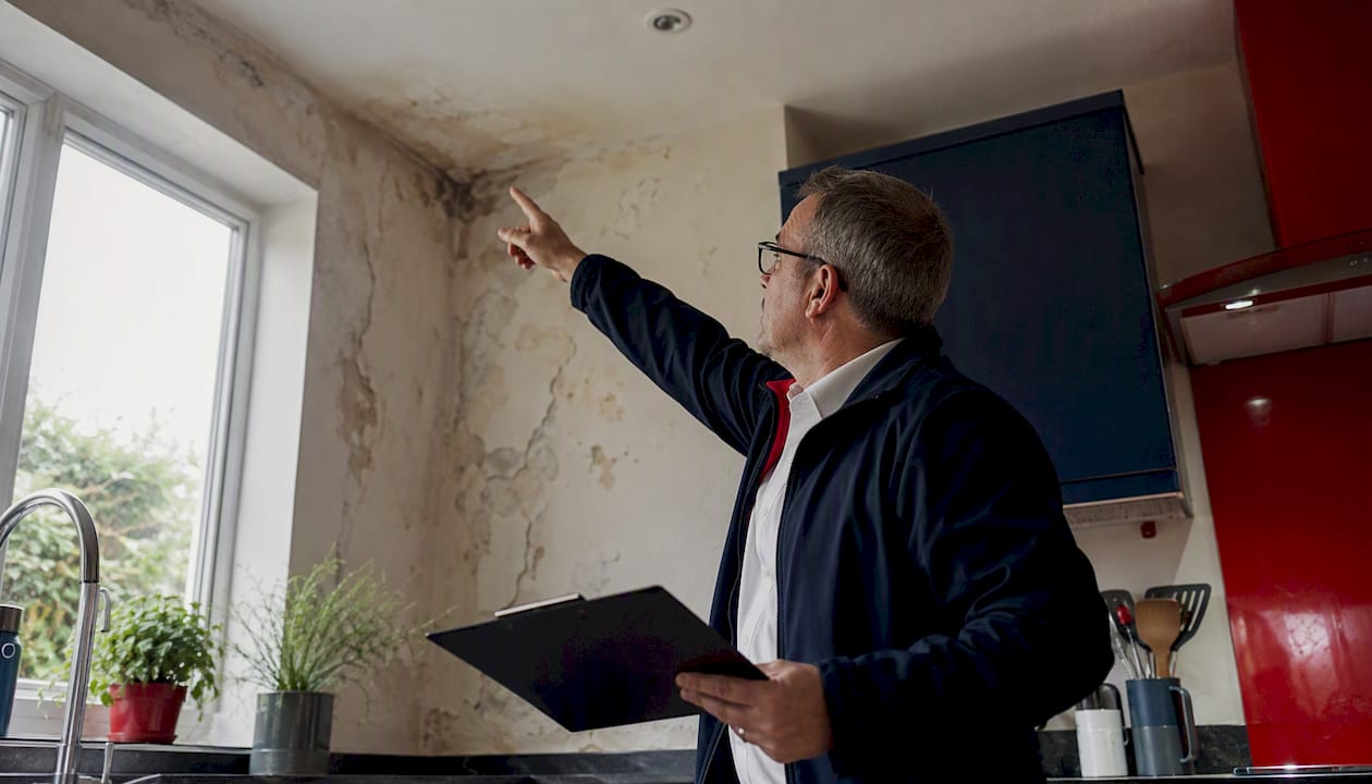 Surveyor inspecting damp damaged wall indoors
