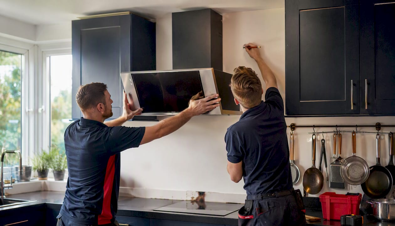 Technicians installing extractor fan near kitchen window