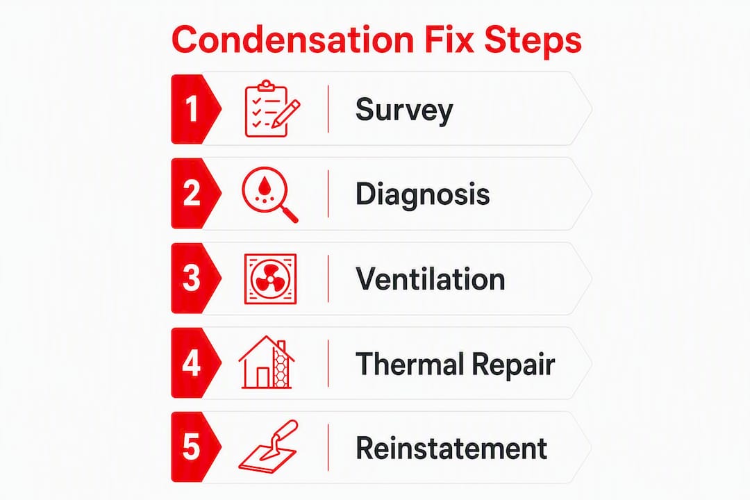 Infographic illustrating five key steps for fixing window condensation