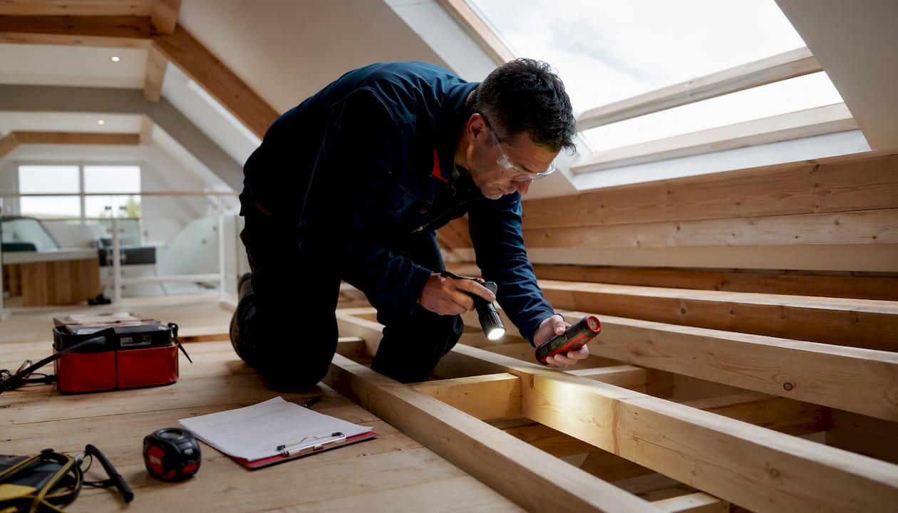 Pest inspector checking woodworm damage in loft