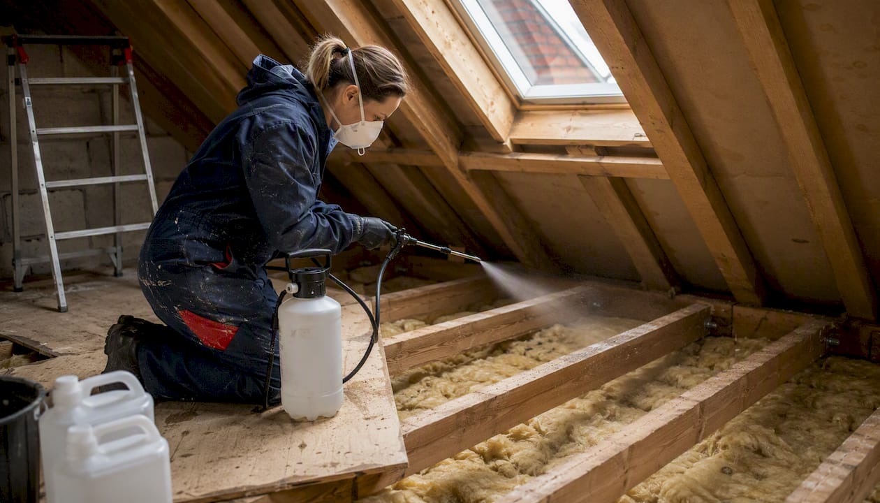 Technician spraying woodworm treatment in loft