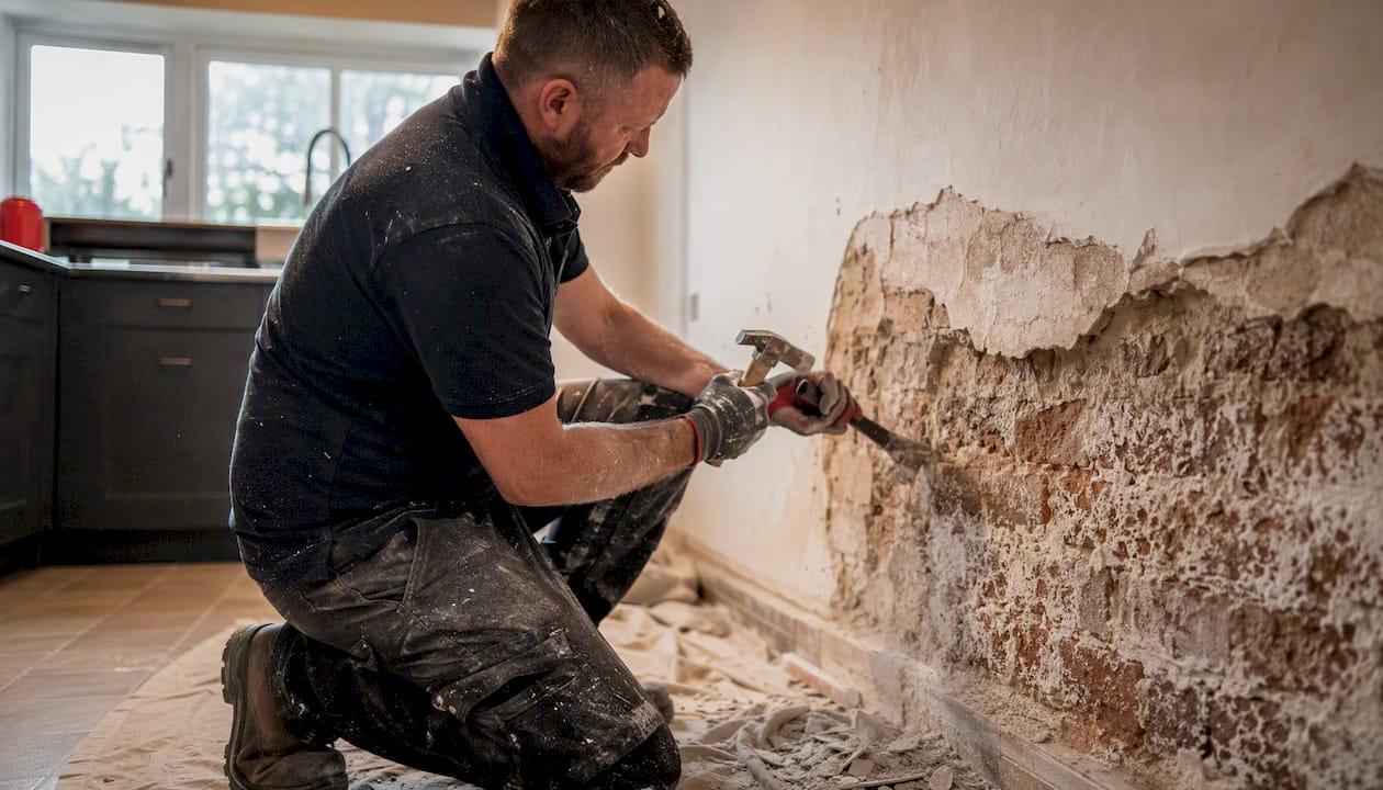 Hands removing plaster from damp damaged wall