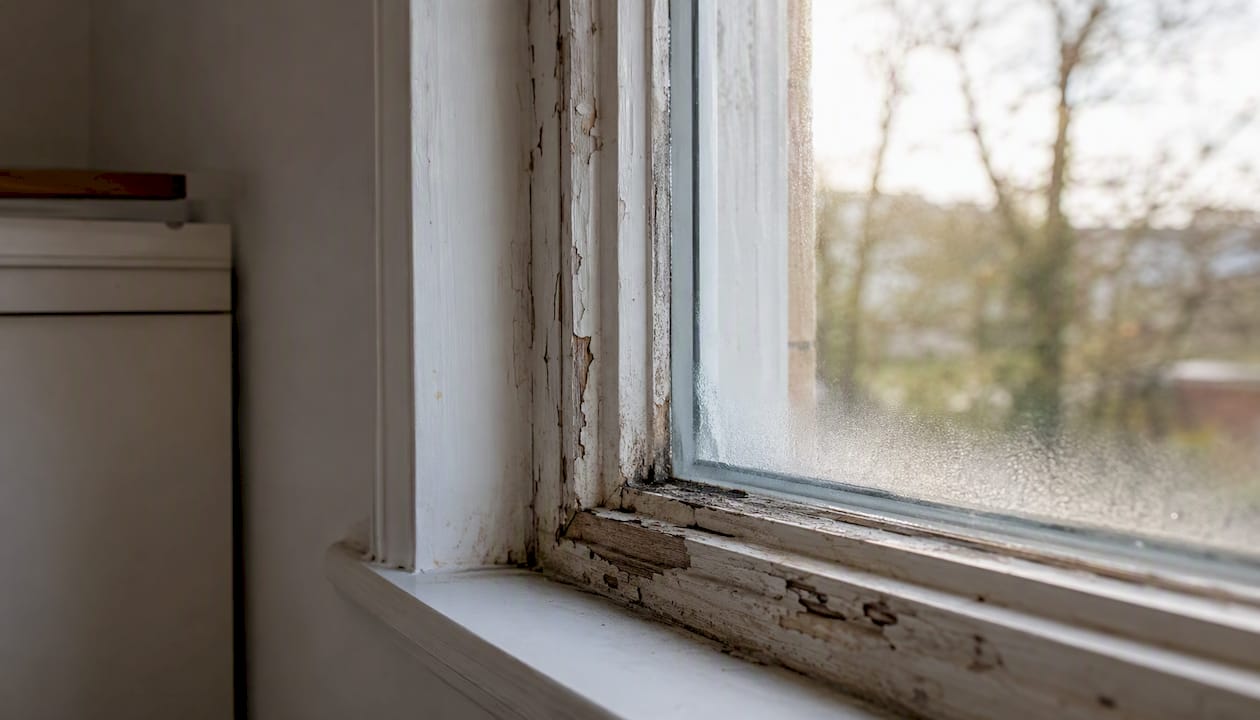Peeling paint on timber window from condensation