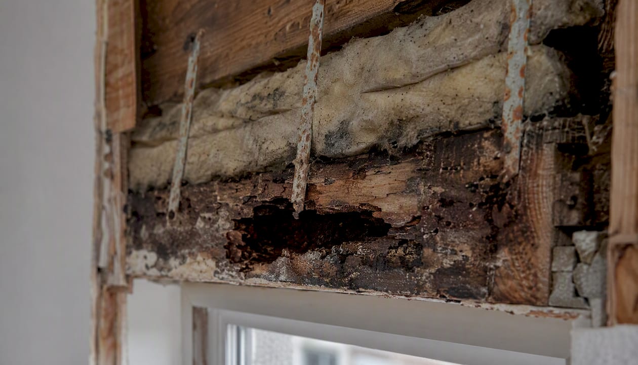 Damp insulation and rotting timber inside wall cavity