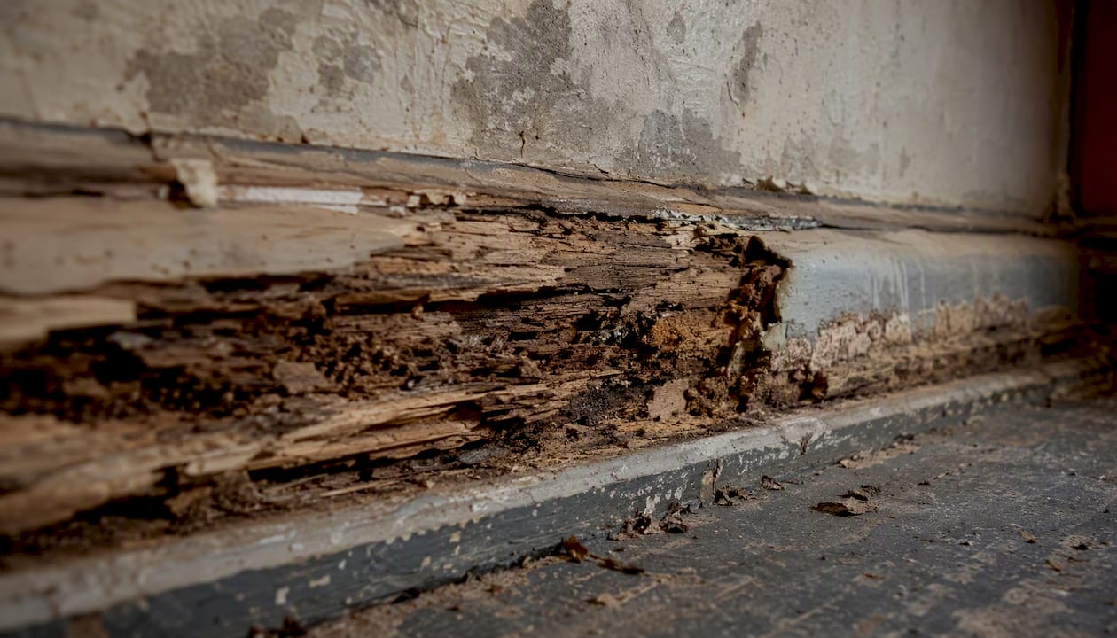 Wet rot damage on timber skirting board