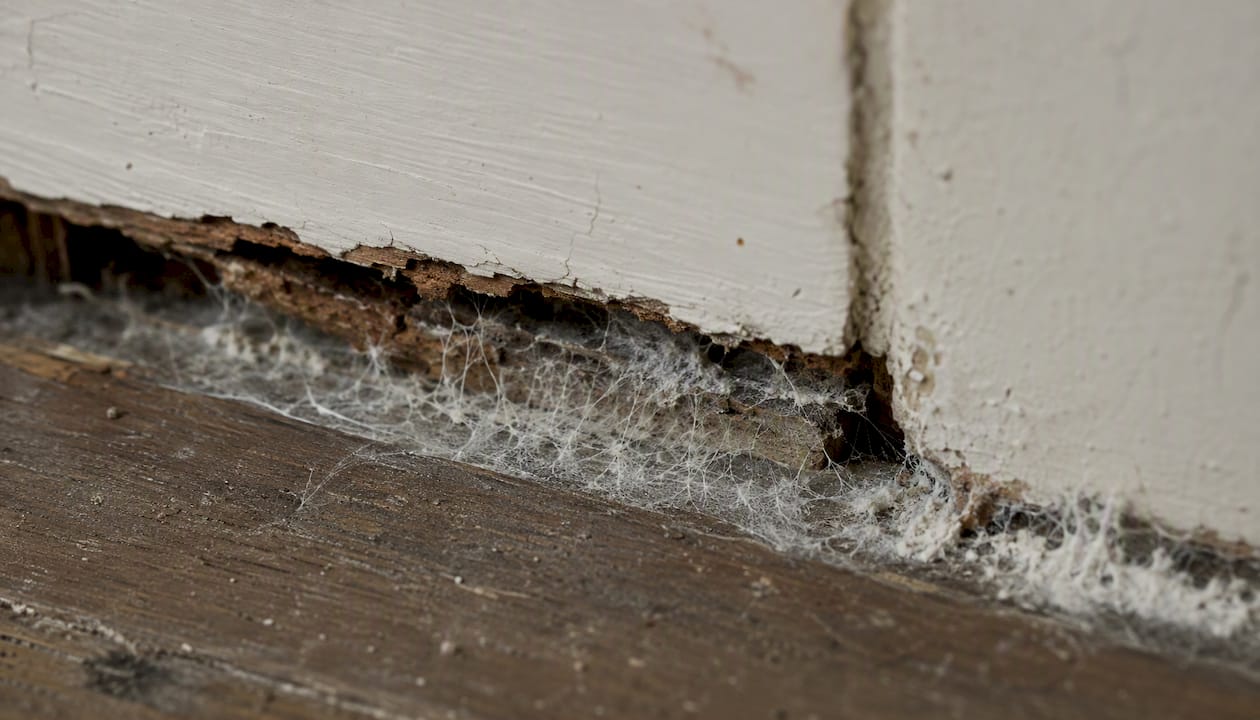 Dry rot fungal mycelium spreading under skirting