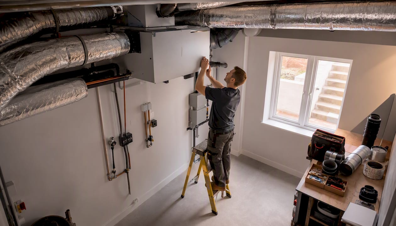 Installer working on basement ventilation ductwork