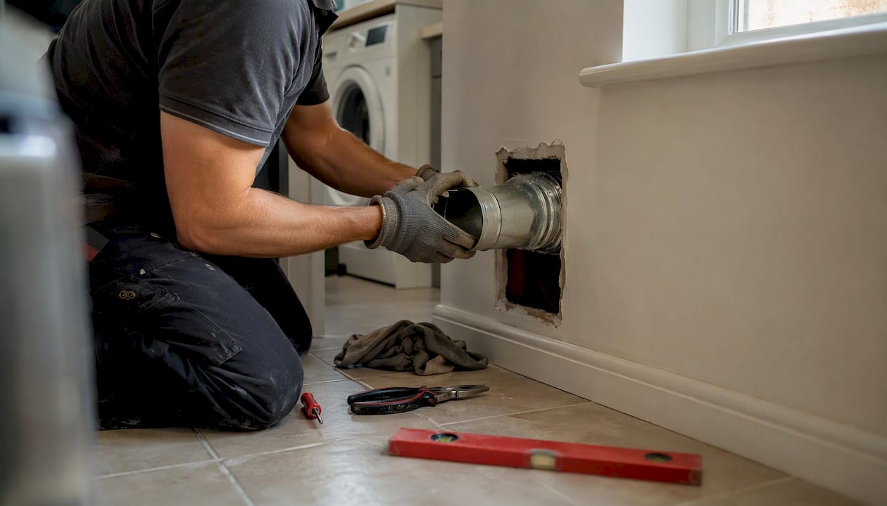 Hands installing home ventilation duct