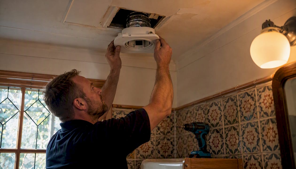 Tradesperson installing bathroom extract fan