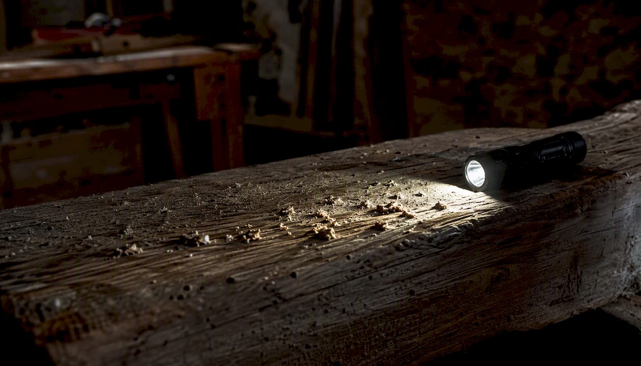 Torchlight revealing woodworm frass on timber beams