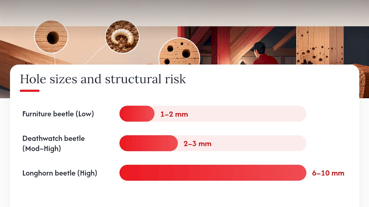 Diagram comparing woodworm hole sizes, species, and risk levels